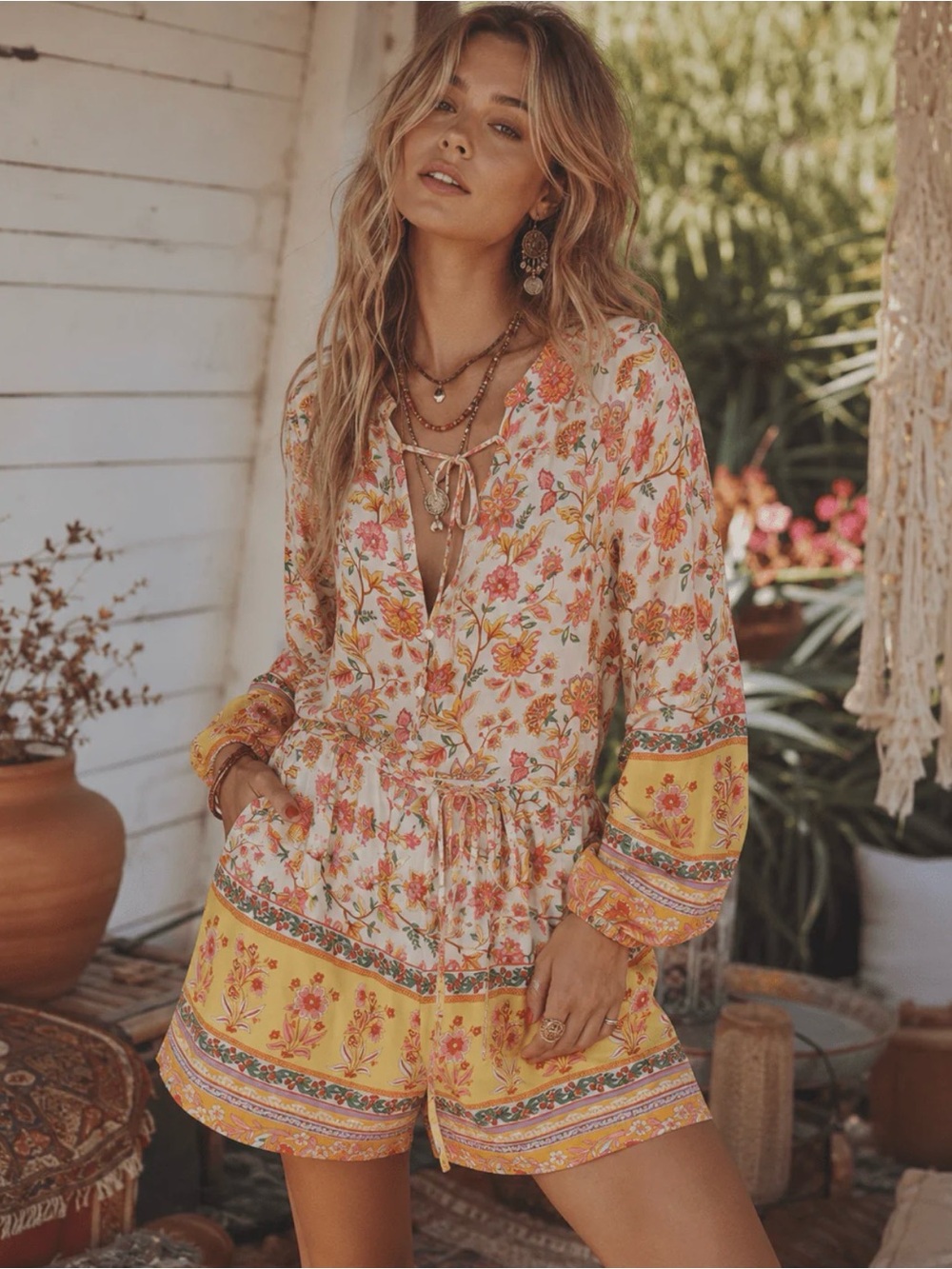 Floral Yellow Border Print Romper Shorts